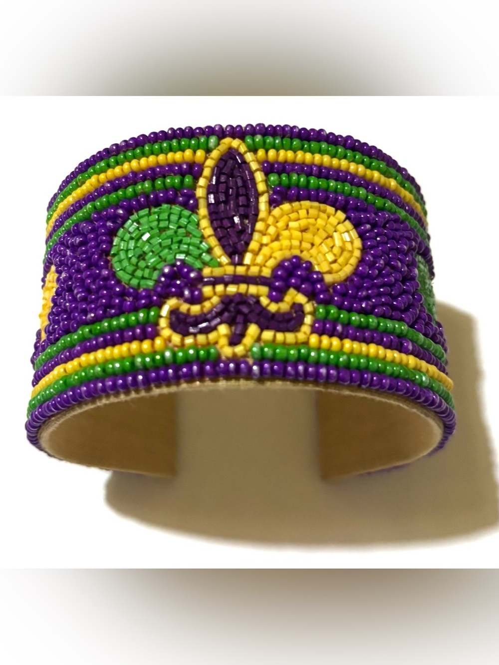 Hand-Beaded Fleur-de-Lis Cuff Bracelet in Purple, Green & Yellow